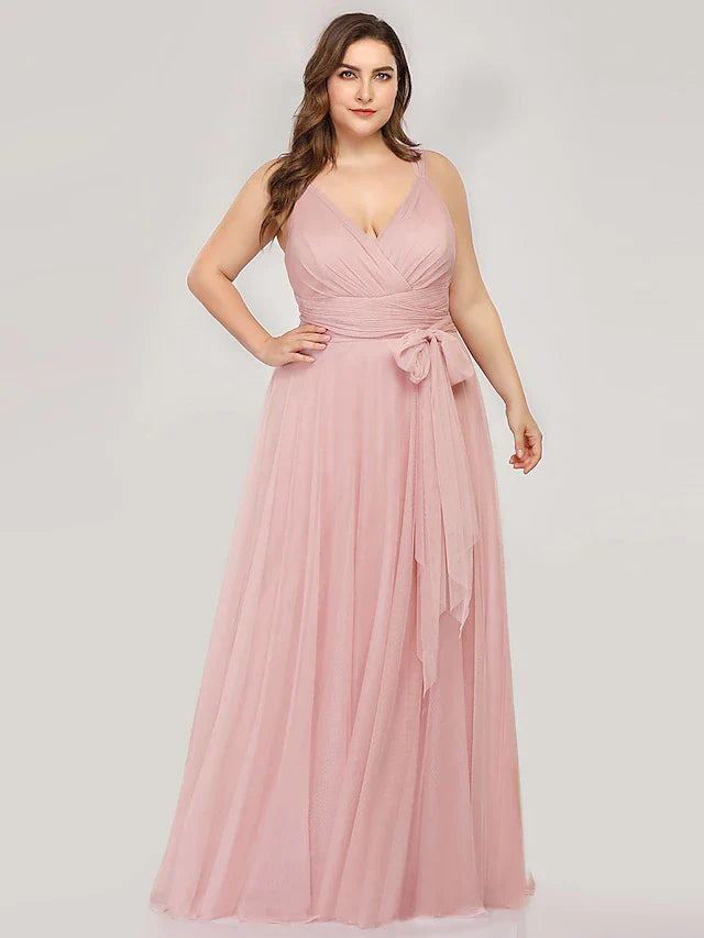 A-Line Bridesmaid Dress V Neck Sleeveless Plus Size Floor Length Tulle with Bow(s) / Ruching / Bandage