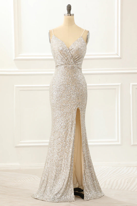 Champagne V-Neck Spaghetti Strap Mermaid Sequin Prom Dress with Slit