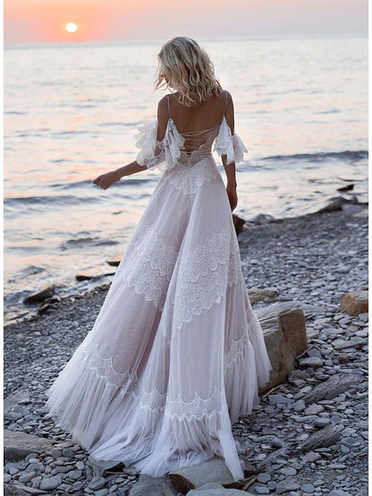 Beach Open Back Boho Wedding Dresses Sweep / Brush Train A-Line Short Sleeve V Neck Lace With Lace