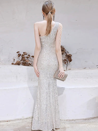 Mermaid / Trumpet Evening Gown Sparkle Dress Wedding Guest Floor Length Sleeveless One Shoulder Sequined with Beading Sequin