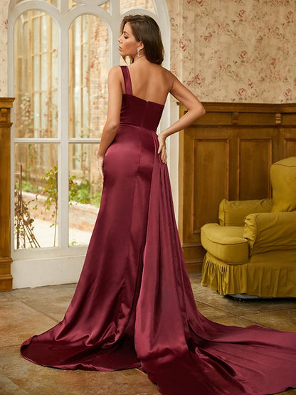 Sheath/Column Elastic Woven Satin Sequin One-Shoulder Sleeveless Sweep/Brush Train Dresses #PD16055PD0088