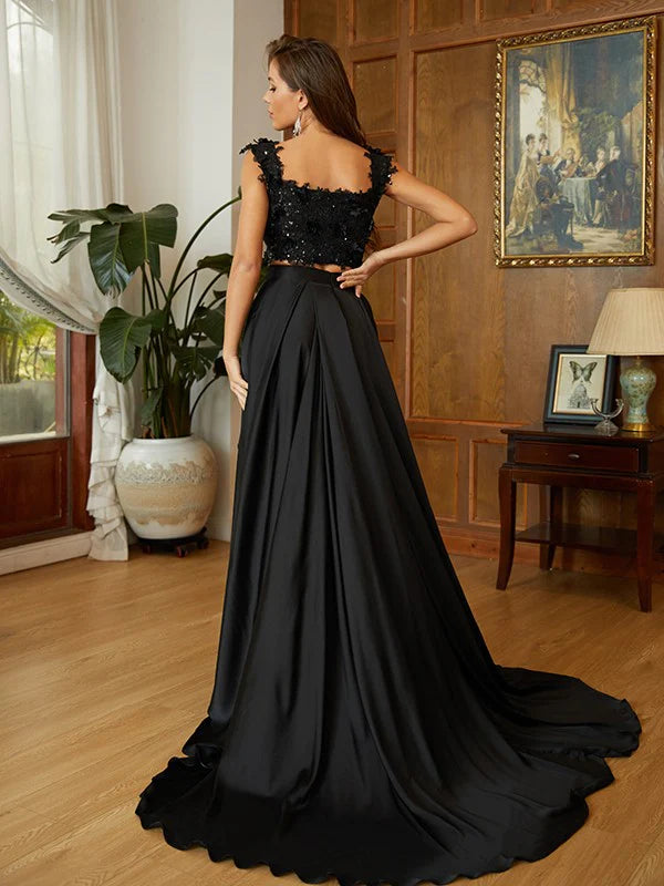 A-Line Princess Elastic Woven Satin Applique Off-the-Shoulder Sleeveless Two Piece Dresses