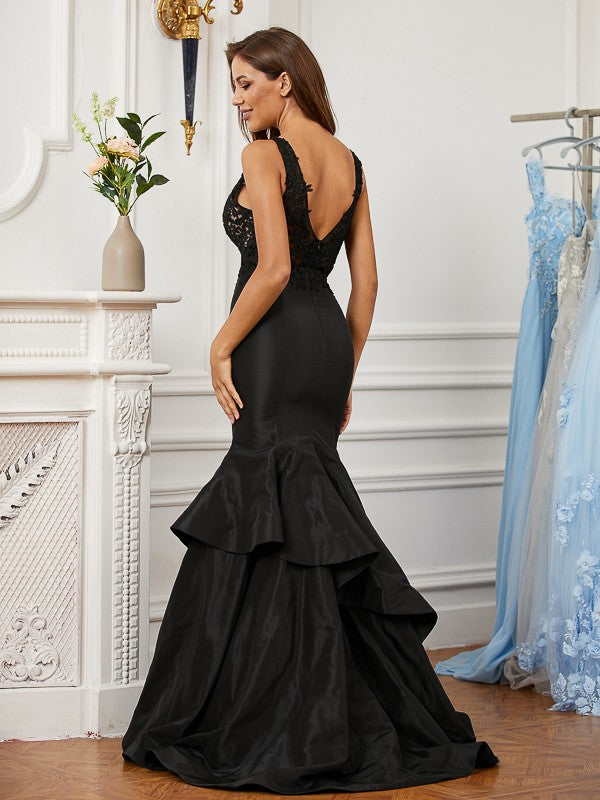 Trumpet/Mermaid Satin Lace V-neck Sleeveless Sweep/Brush Train Dresses