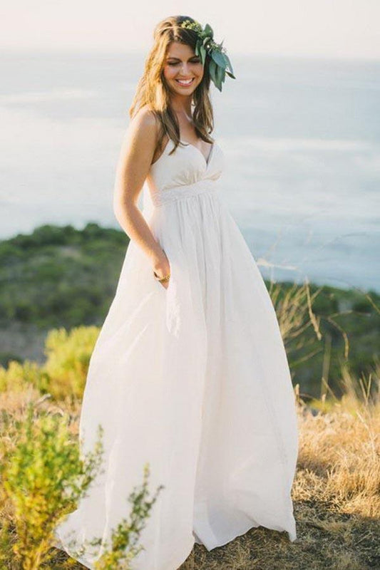 A-Line Spaghetti Straps Sweep Train Chiffon Wedding Dress