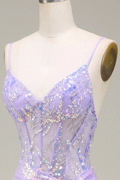 Light Purple V-Neck Mermaid Sparkly Corset Slim-fit Long Prom Dress with Slit
