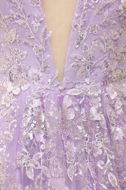 Purple Plunge V Spaghetti Straps Lace-Up Back Prom Dress With Appliques