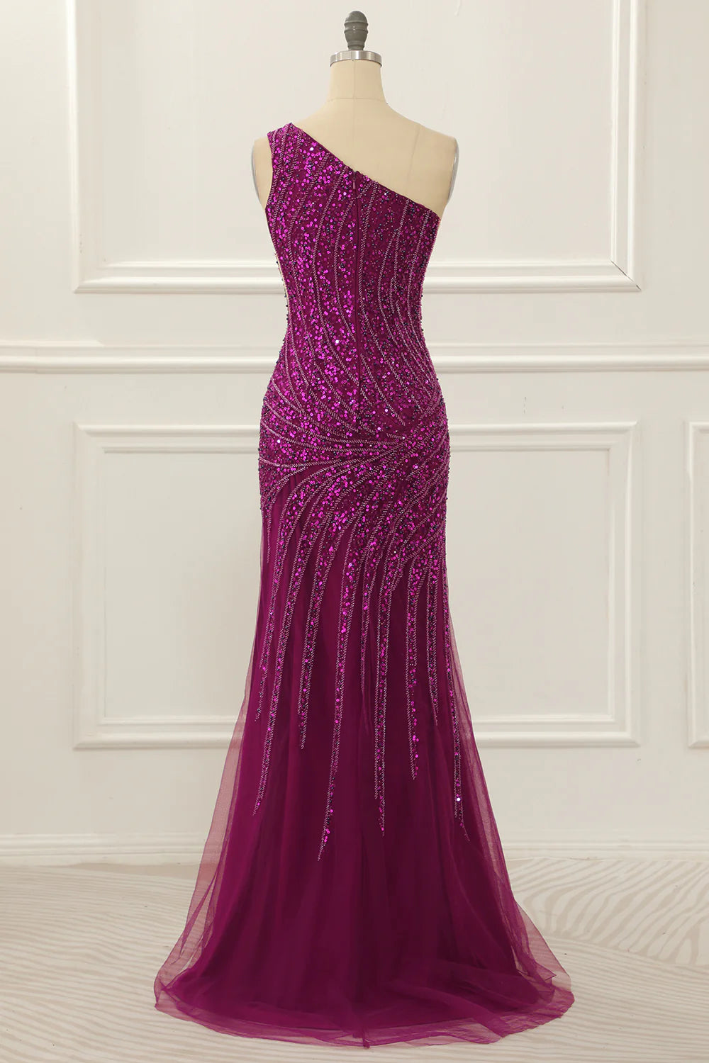 One Shoulder Purple Sleeveless Tulle Beaded Floor-Length Prom Dress with Slit ﻿
