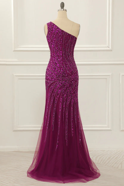 One Shoulder Purple Sleeveless Tulle Beaded Floor-Length Prom Dress with Slit ﻿