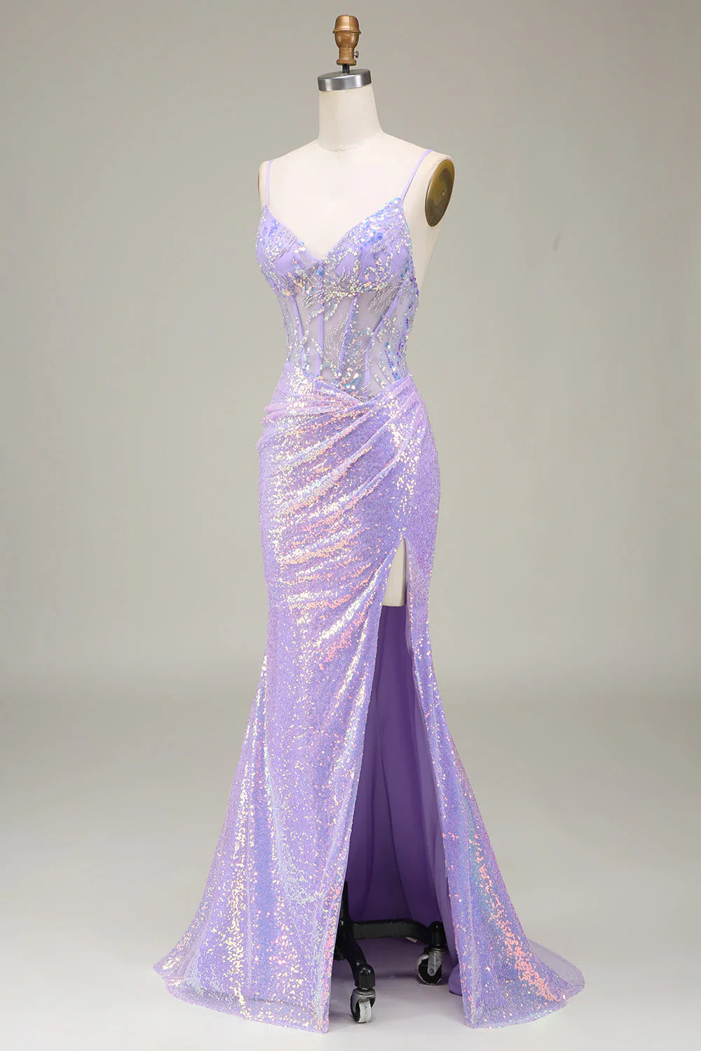 Light Purple V-Neck Mermaid Sparkly Corset Slim-fit Long Prom Dress with Slit