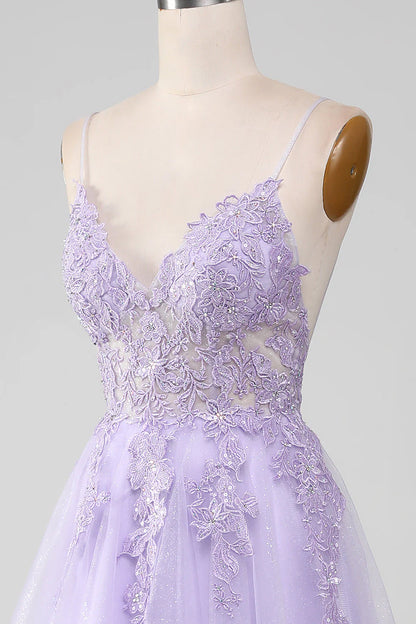 Sparkly Light Purple  V-Neck A-Line Spaghetti Straps Long Prom Dress With Beading