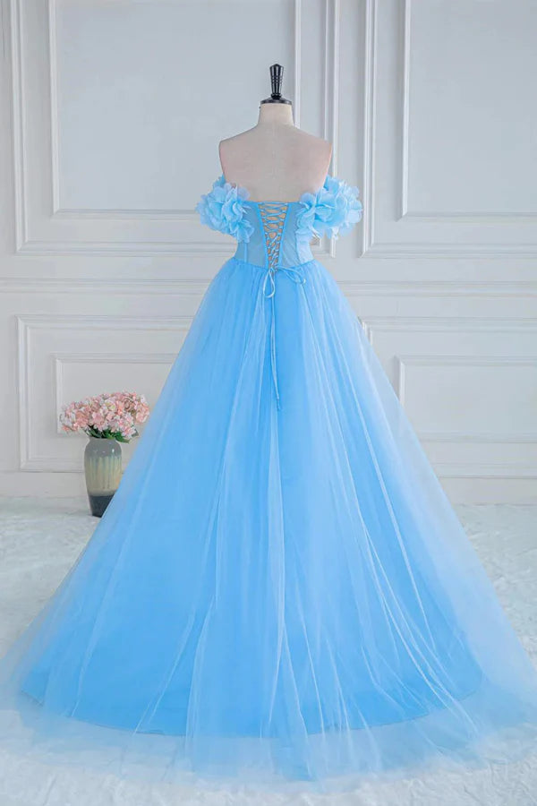 Strapless Flower A-Line Tulle Blue Prom Dress