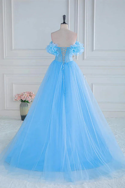 Strapless Flower A-Line Tulle Blue Prom Dress