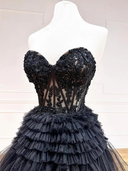 Sweet A-Line Heart-shaped collar Lace layered Irregular Black Long Prom Dress