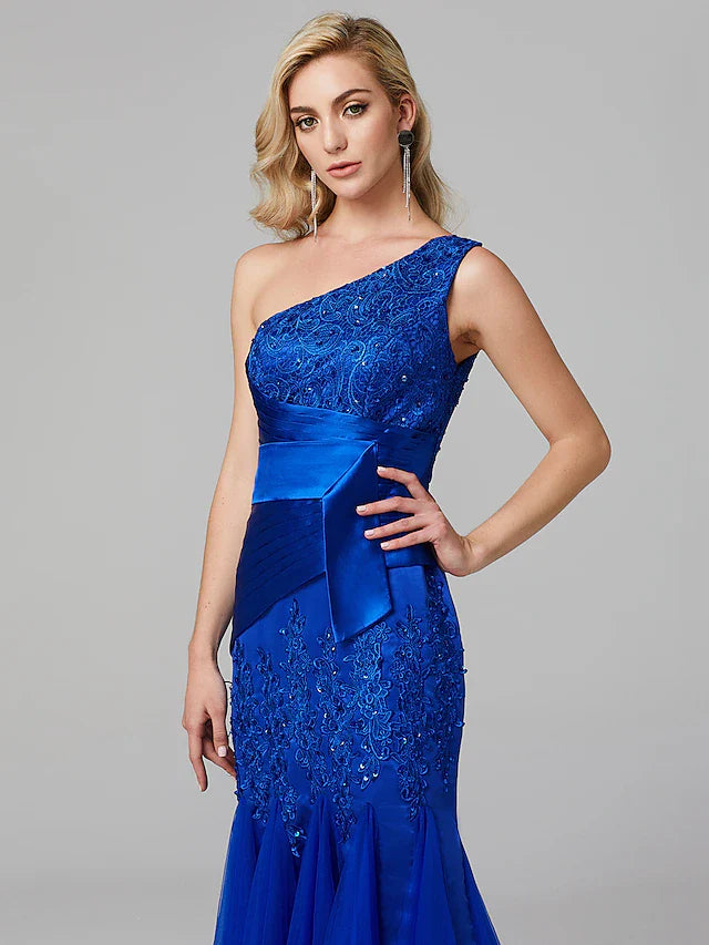 Fit & Flare Elegant Dress Holiday Floor Length Sleeveless One Shoulder Lace Over Tulle with Lace