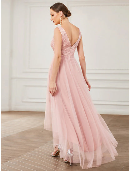 A-Line Bridesmaid Dress V Neck Sleeveless Elegant Short / Mini Lace / Tulle with Asymmetric Draping / Ruching