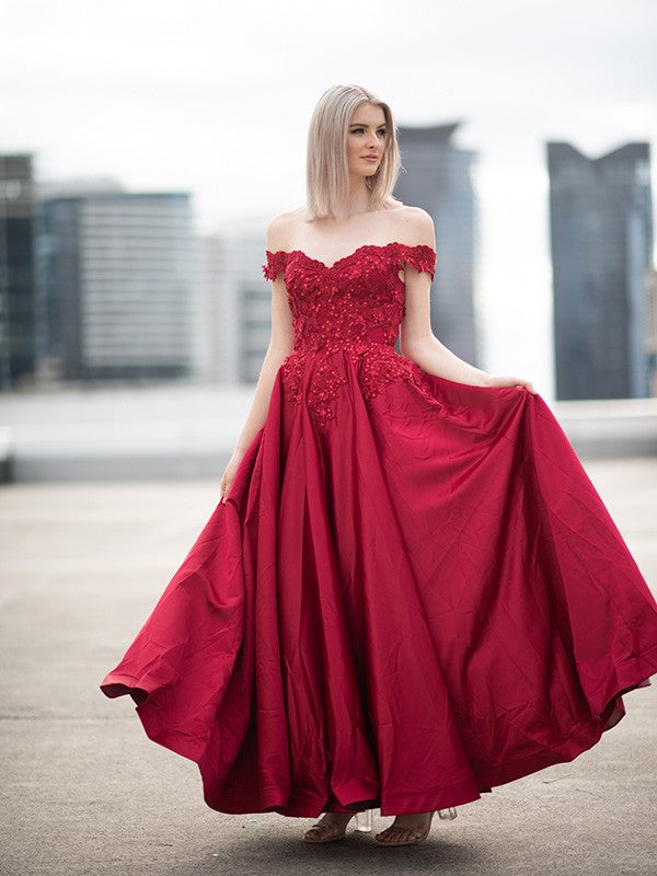 Ball Gown Off-the-Shoulder Satin Applique Sleeveless Floor-Length Party Dresses Formal Dresses