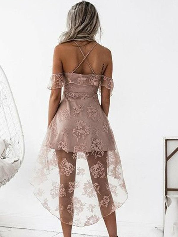 A-Line/Princess Off-the-Shoulder High Low Lace Short/Mini Dresses Cocktail Dresses