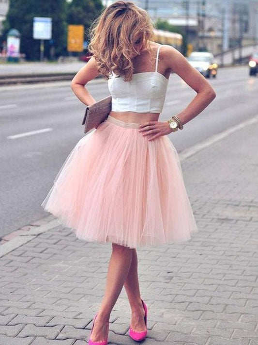 A-Line/Princess Tulle Sleeveless Pleats Spaghetti Straps Knee-Length Two Piece Dresses Cocktail Dresses