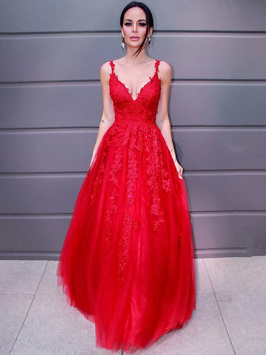 A-Line/Princess Tulle V-neck Floor-Length Applique Sleeveless Party Dresses Formal Dresses