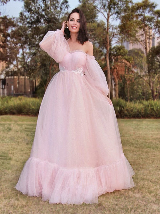 A-Line/Princess Long Sleeves Floor-Length Tulle Applique Off-the-Shoulder Party Dresses Formal Dresses