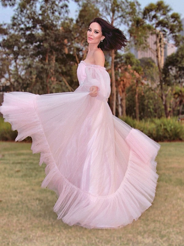 A-Line/Princess Long Sleeves Floor-Length Tulle Applique Off-the-Shoulder Party Dresses Formal Dresses