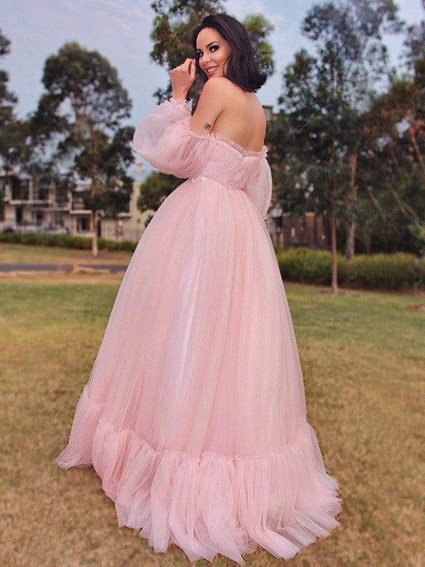 A-Line/Princess Long Sleeves Floor-Length Tulle Applique Off-the-Shoulder Party Dresses Formal Dresses