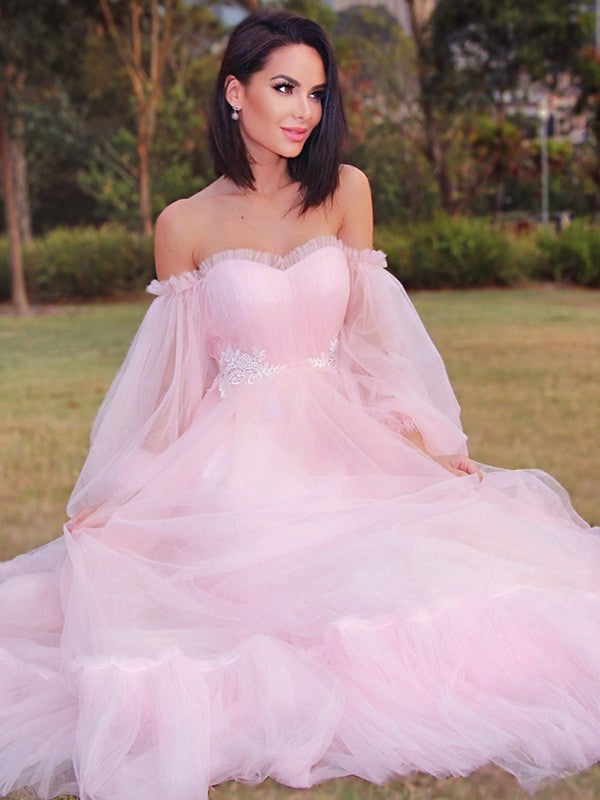 A-Line/Princess Long Sleeves Floor-Length Tulle Applique Off-the-Shoulder Party Dresses Formal Dresses