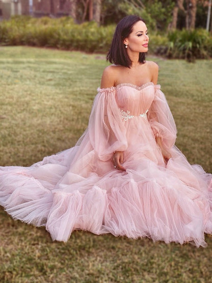 A-Line/Princess Long Sleeves Floor-Length Tulle Applique Off-the-Shoulder Party Dresses Formal Dresses