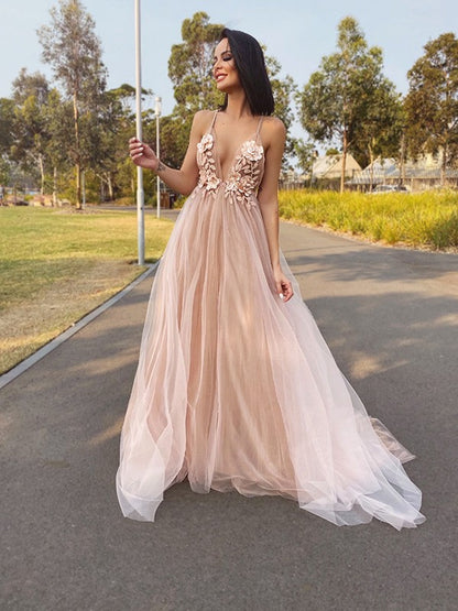 A-Line/Princess Tulle V-neck Hand-Made Flower Sleeveless Sweep/Brush Train Party Dresses Formal Dresses