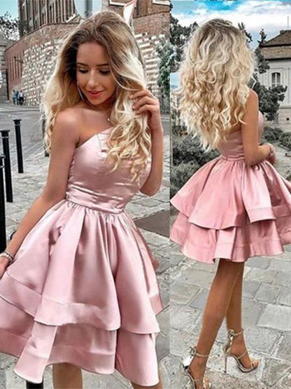 A-Line/Princess One-Shoulder Charmeuse Ruffles Sleeveless Short/Mini Layers Homecoming Dresses