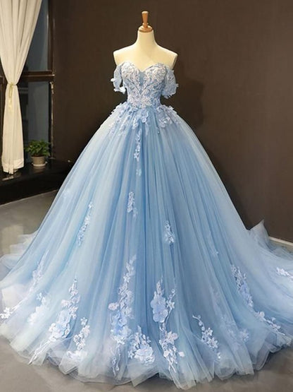 Ball Gown Tulle Off-the-Shoulder Sleeveless Applique Chapel Train Party Dresses Formal  Dresses