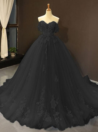 Ball Gown Tulle Off-the-Shoulder Sleeveless Applique Chapel Train Party Dresses Formal  Dresses