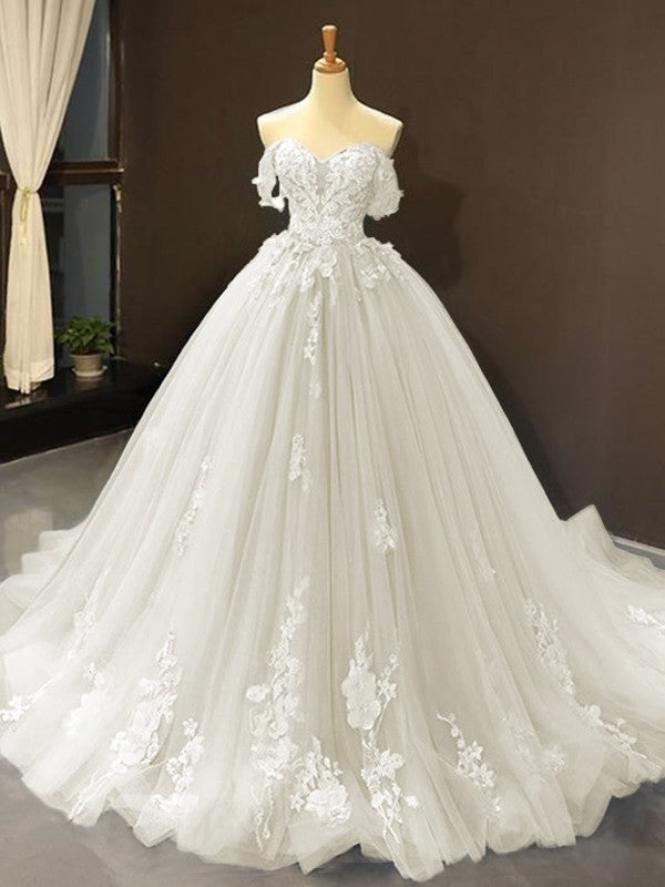 Ball Gown Tulle Off-the-Shoulder Sleeveless Applique Chapel Train Party Dresses Formal  Dresses