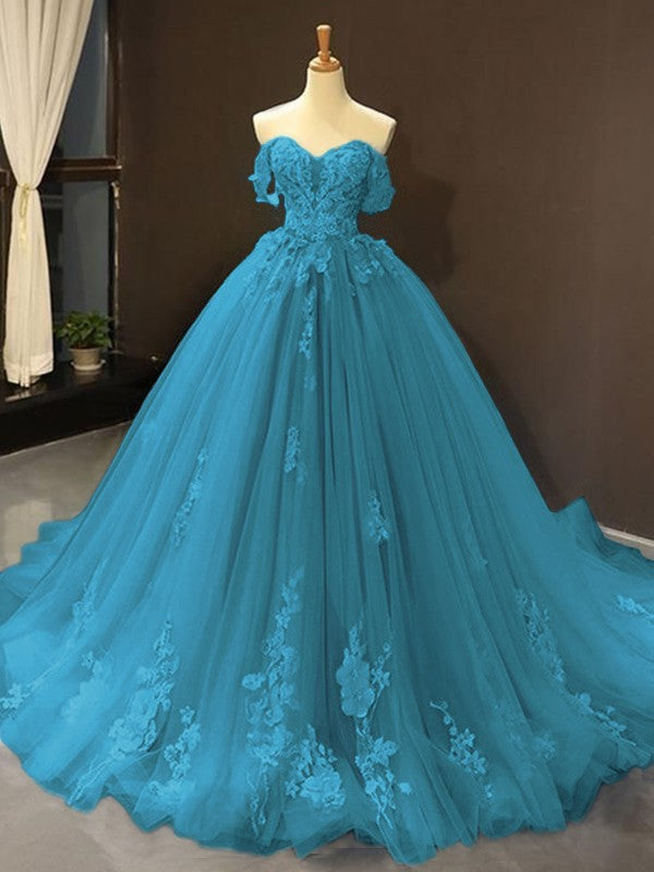 Ball Gown Tulle Off-the-Shoulder Sleeveless Applique Chapel Train Party Dresses Formal  Dresses