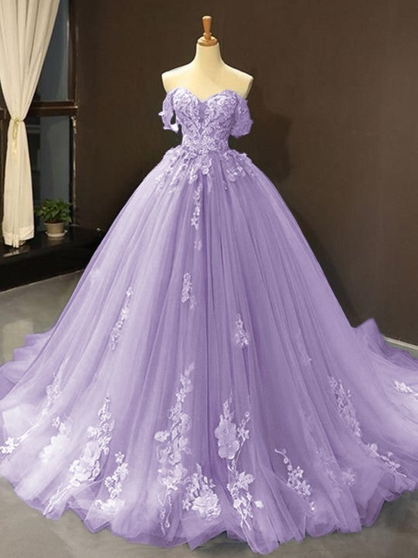 Ball Gown Tulle Off-the-Shoulder Sleeveless Applique Chapel Train Party Dresses Formal  Dresses