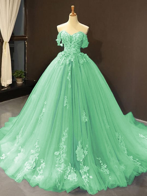 Ball Gown Tulle Off-the-Shoulder Sleeveless Applique Chapel Train Party Dresses Formal  Dresses