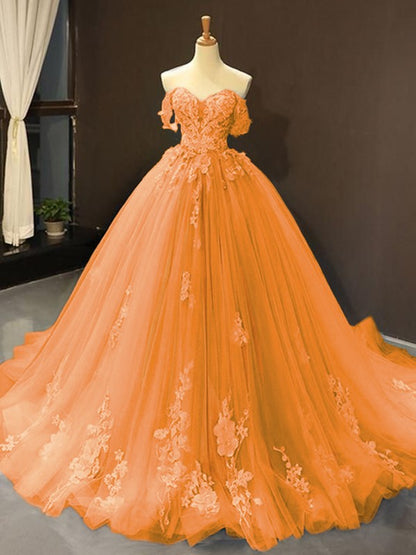 Ball Gown Tulle Off-the-Shoulder Sleeveless Applique Chapel Train Party Dresses Formal  Dresses