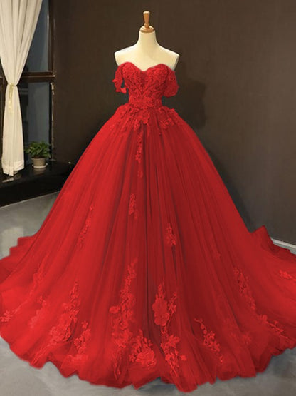 Ball Gown Tulle Off-the-Shoulder Sleeveless Applique Chapel Train Party Dresses Formal  Dresses