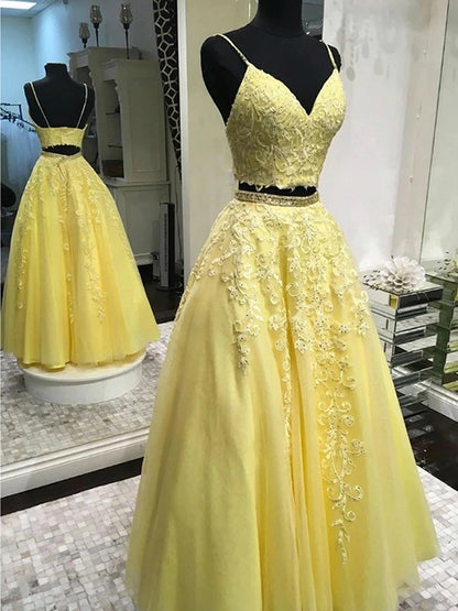 A-Line/Princess Tulle Applique Sleeveless V-neck Floor-Length Two Piece Dresses