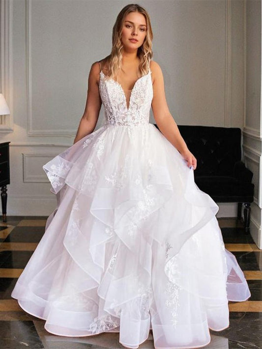 A-Line/Princess Tulle Applique Spaghetti Straps V-neck Sleeveless Floor-Length Wedding Dresses