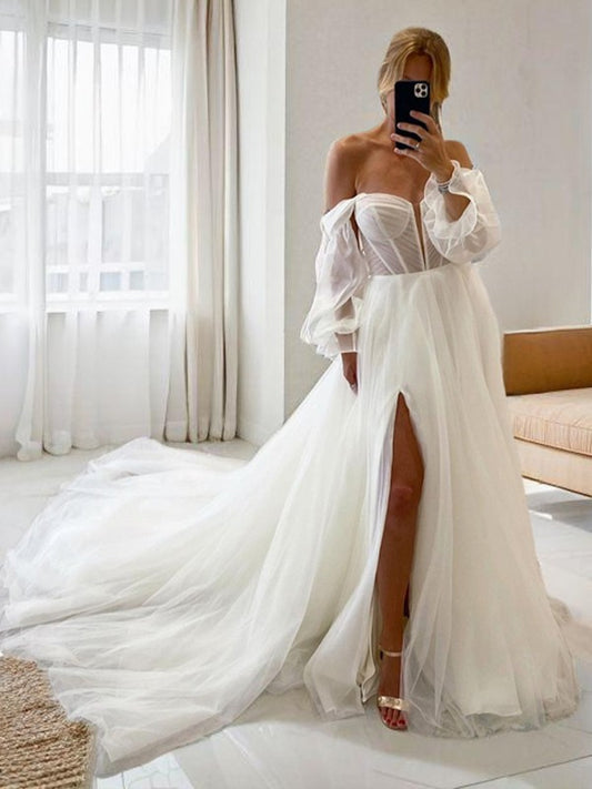 A-Line/Princess Tulle Sweetheart Long Sleeves Off Shoulder Chapel Train Corset Convertible Wedding Dresses