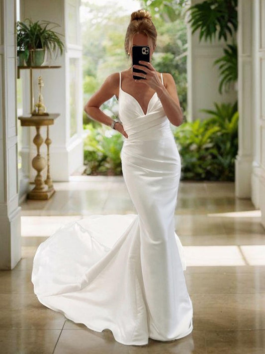 Sheath/Column Satin Ruched V-neck Sleeveless Chapel Train Wedding Dresses