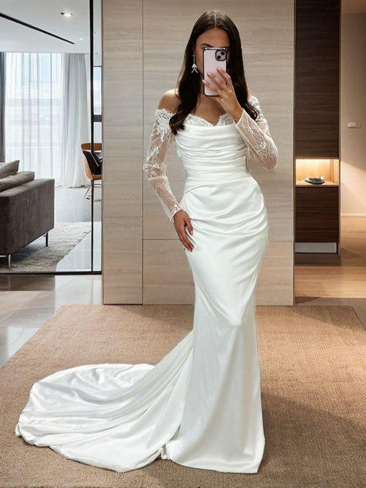 Sheath/Column Woven Satin Applique Off-the-Shoulder Long Sleeves Court Train Wedding Dresses