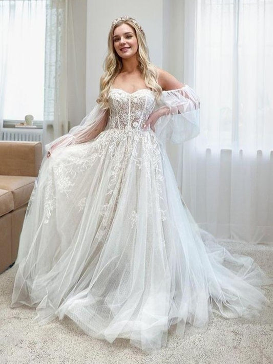 A-Line/Princess Tulle Applique Off-the-Shoulder Long Sleeves Chapel Train Corset Wedding Dresses