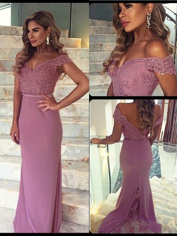 Sheath/Column Off-the-Shoulder Sleeveless Lace Floor-Length Woven Satin Dresses