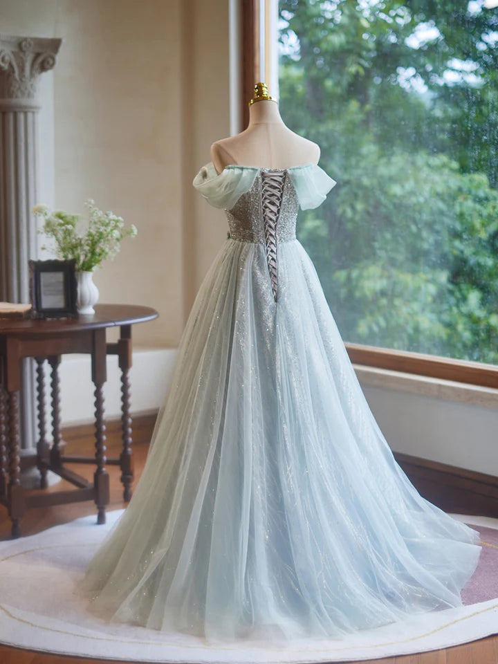 Elegant Fashion Long Evening Dress A-Line Off Shoulder Tulle Shining Long Unique Heavy handicraft Prom Dress