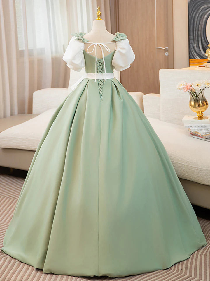 Prom Dress Puff Sleeves A-line Satin Color Blocking Long Lace up Fresh lovely Dress