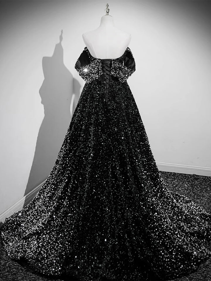 A-Line Velvet Sequin Long Black Shining Dignified Luxury Prom Dress