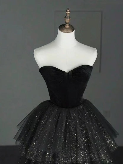 A-Line Prom Dress Heart-shaped collar Tulle Velvet Black Long layered Shining Sweet Dress