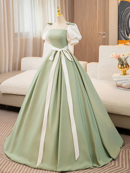 Prom Dress Puff Sleeves A-line Satin Color Blocking Long Lace up Fresh lovely Dress